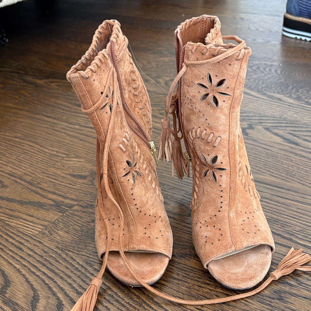 Ivanka Trump Tan Suede Floral Cut-Out Booties
